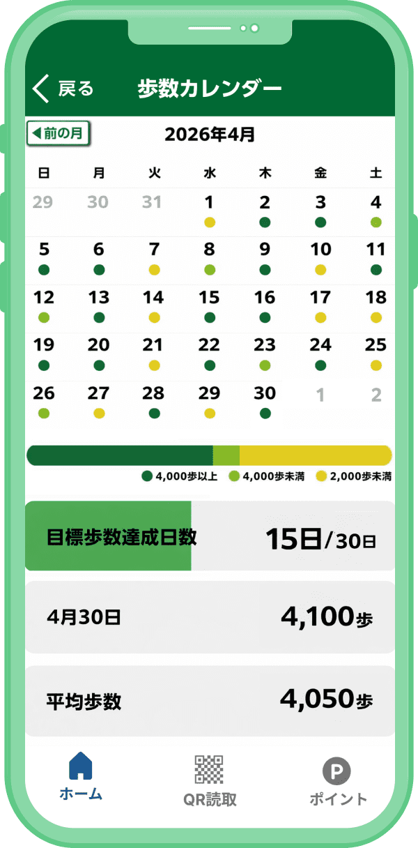 札幌健康アプリ 歩数カレンダー画面