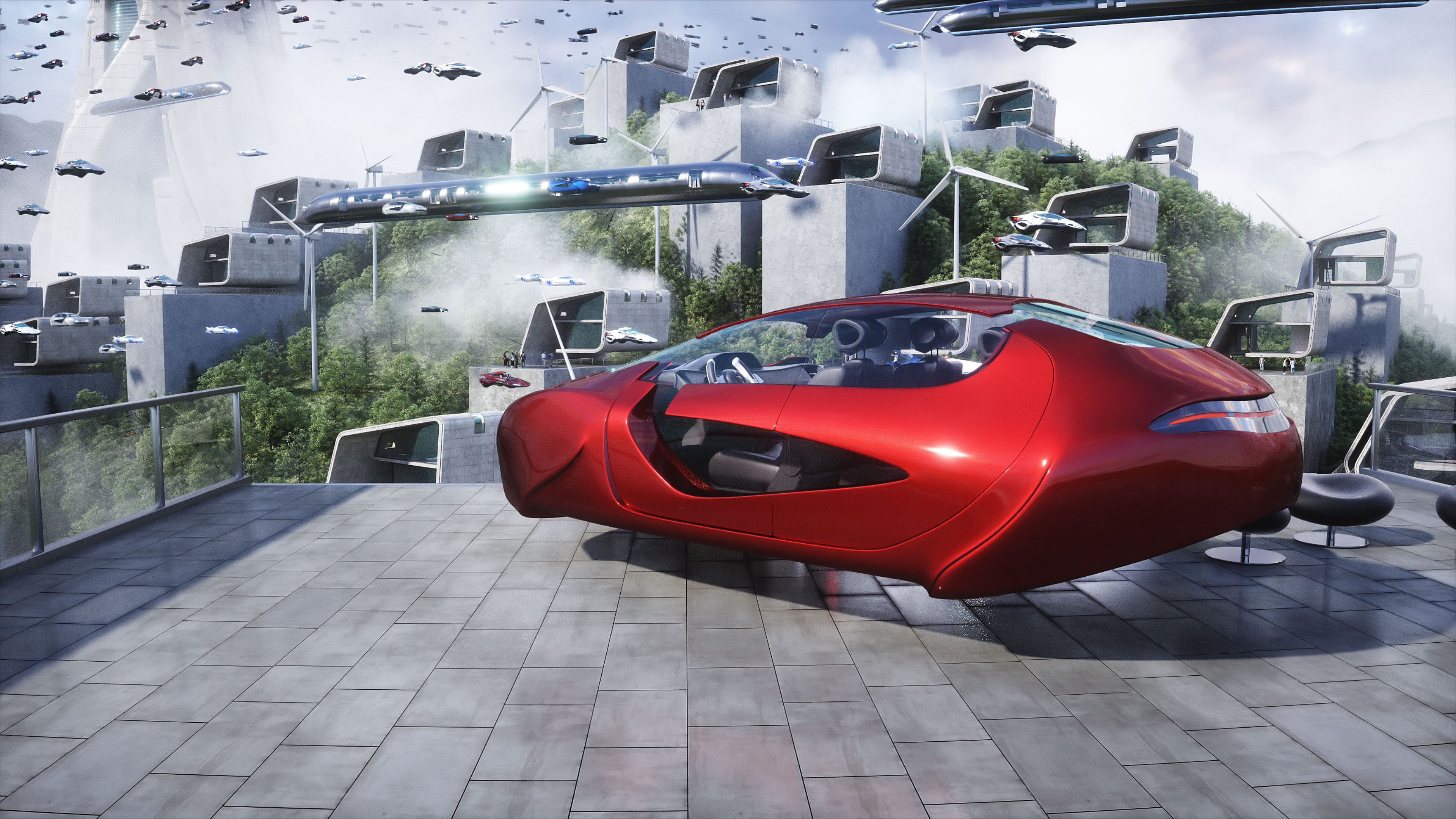 Futuristic city. flying car traffic. megapolice. Future concept. 3d rendering.