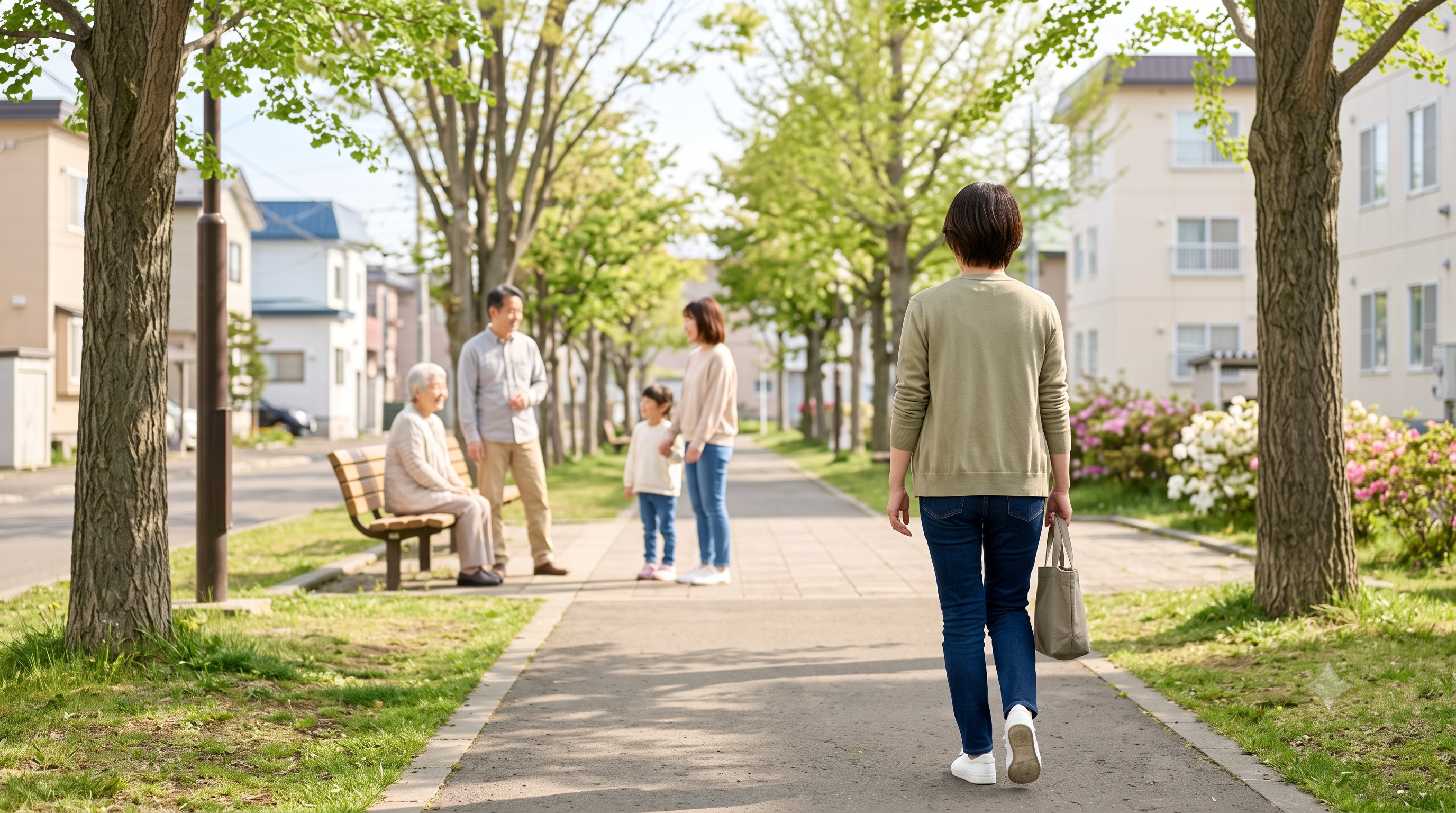 住宅街の遊歩道を歩く女性と家族の風景