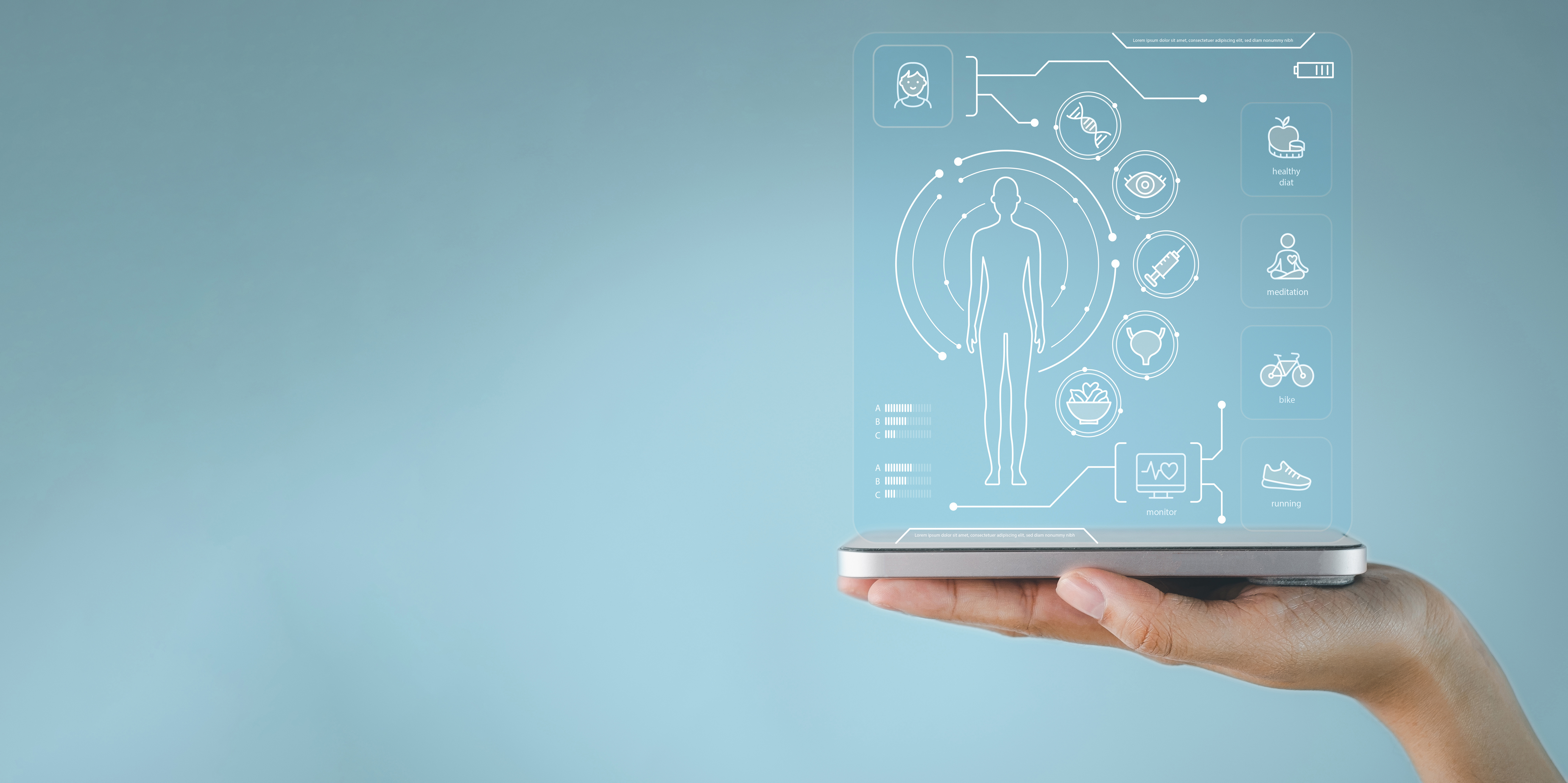 A hand holds a phone with a futuristic health and wellness app. A concept for digital health, personal health monitoring, and managing lifestyle with diet, fitness, and exercise trackers.